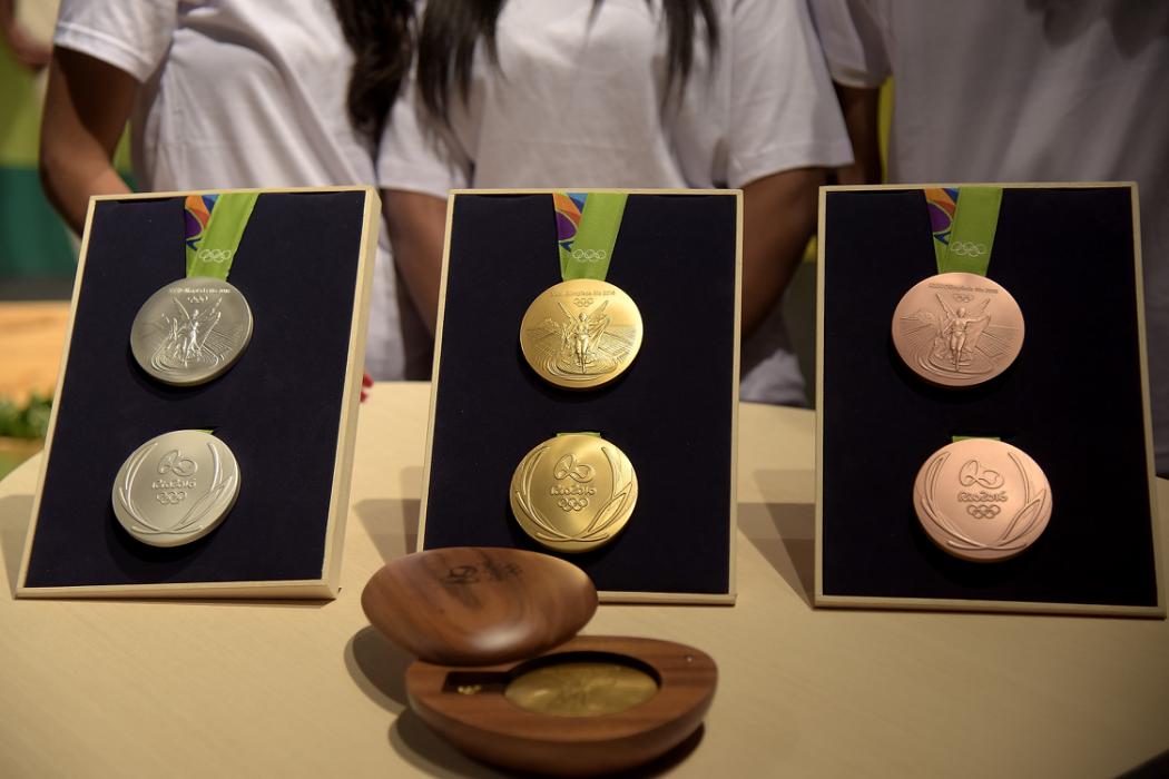 RIO DE JANEIRO, BRAZIL - JUNE 14: A close-up of the olympic medals during the Launch of Medals and Victory Ceremonies for the Rio 2016 Olympic and Paralympic Games at the Future Arena in Olympic Park on June 14, 2016 in Rio de Janeiro, Brazil. (Photo by Alexandre Loureiro/Getty Images)